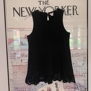 J Crew black tank top with eyelet ruffle detail on hem and keyhole size XS